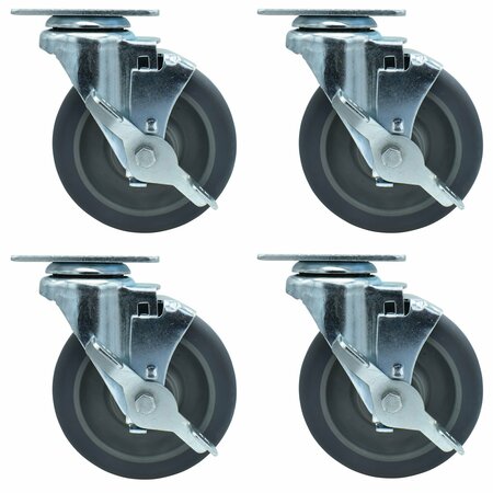 BK RESOURCES 5-inch Plate Casters, Gray Rubber Wheels, Top Lock Brake, 250lb Capacity, 4PK 5SBR-1PT-GR-PS4